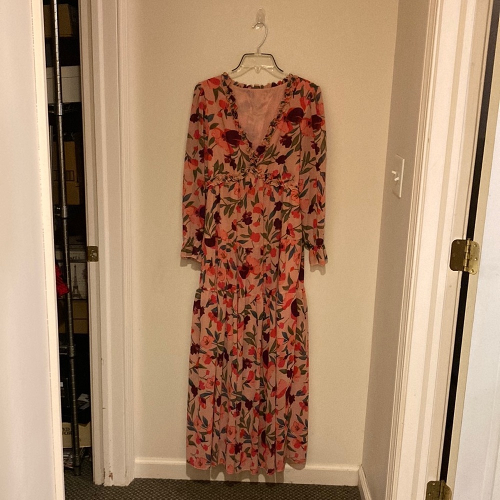 Ruffled Tiered Maxi Dress in Pink and Red L